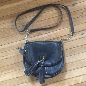 Black satchel bag with small fringe tassel